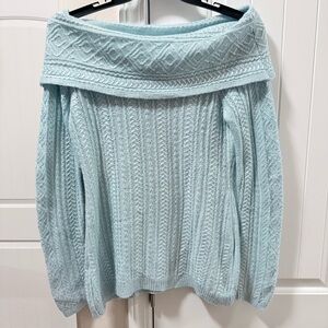White House Black Market Icy Blue Off-Shoulder Winter knit Sweater size Med.